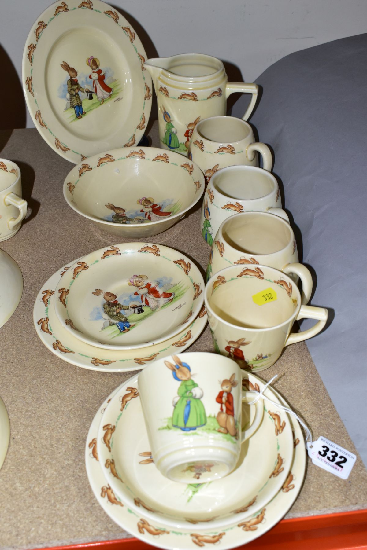 TWELVE PIECES OF ROYAL DOULTON BUNNYKINS EARTHENWARE TABLEWARES OF SCENES BY BARBARA VERNON,