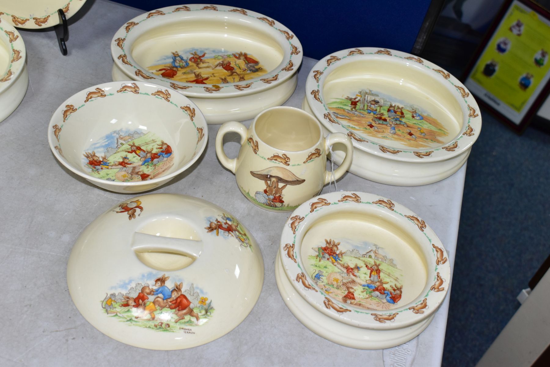 SIX PIECES OF ROYAL DOULTON BUNNYKINS EARTHENWARE TABLEWARES, DESIGNED BY BARBARA VERNON AND