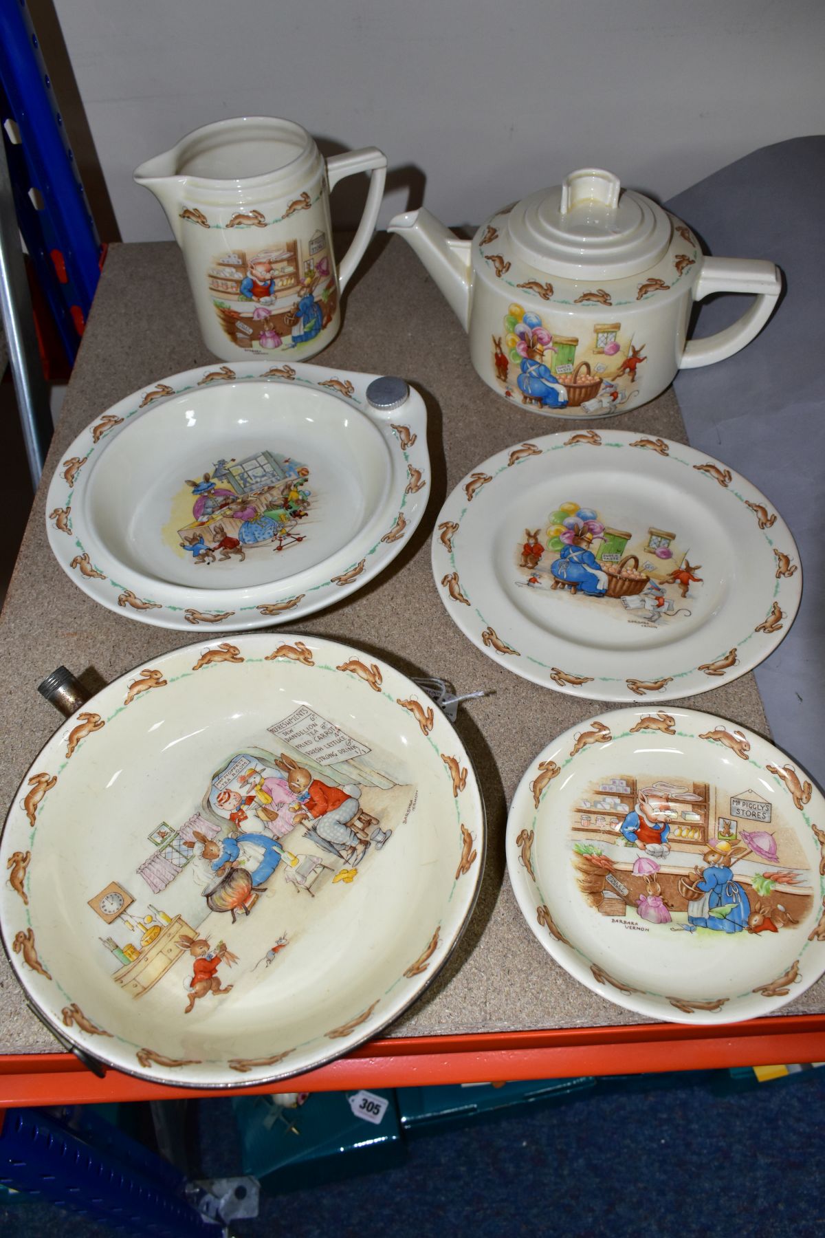 SIX PIECES OF ROYAL DOULTON BUNNYKINS EARTHENWARE TABLEWARES DESIGNS BY BARBARA VERNON AND WALTER