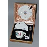 A CASED ROYAL DOULTON CHINA NURSERY RHYMES L SERIES WARE TRIO AND SILVER PLATED TEASPOON, the
