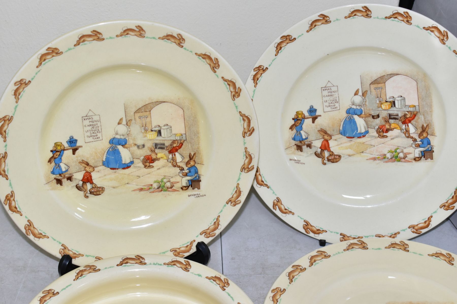 FIVE PIECES ROYAL DOULTON BUNNYKINS EARTHENWARE TABLEWARES OF XMAS MENU SCENE LF8 designed by - Image 2 of 9