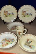 SIX PIECES OF ROYAL DOULTON BUNNYKINS EARTHENWARE TABLEWARE DESIGNED BY BARBARA VERNON AND WALTER