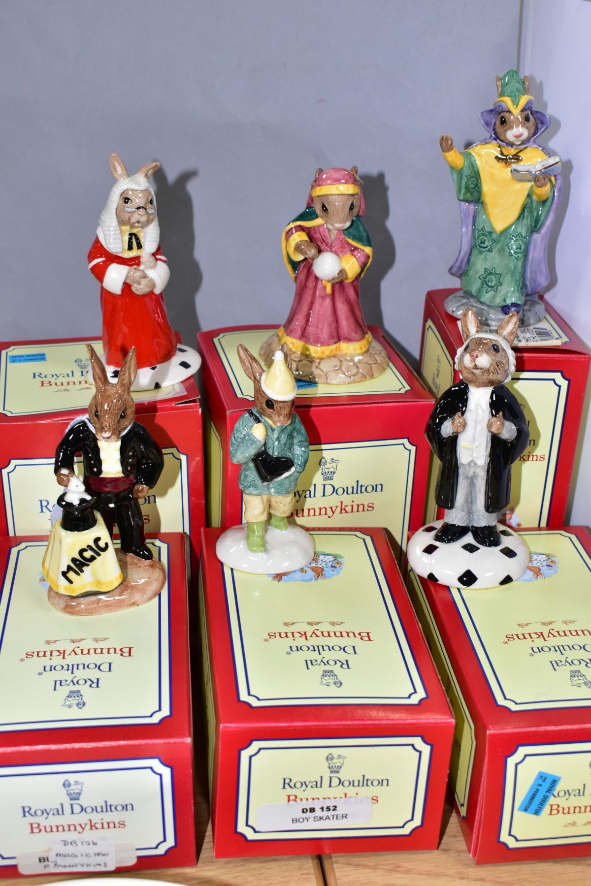 SIX BOXED ROYAL DOULTON BUNNYKINS FIGURES, comprising Magician DB126 (written label on box), Boy