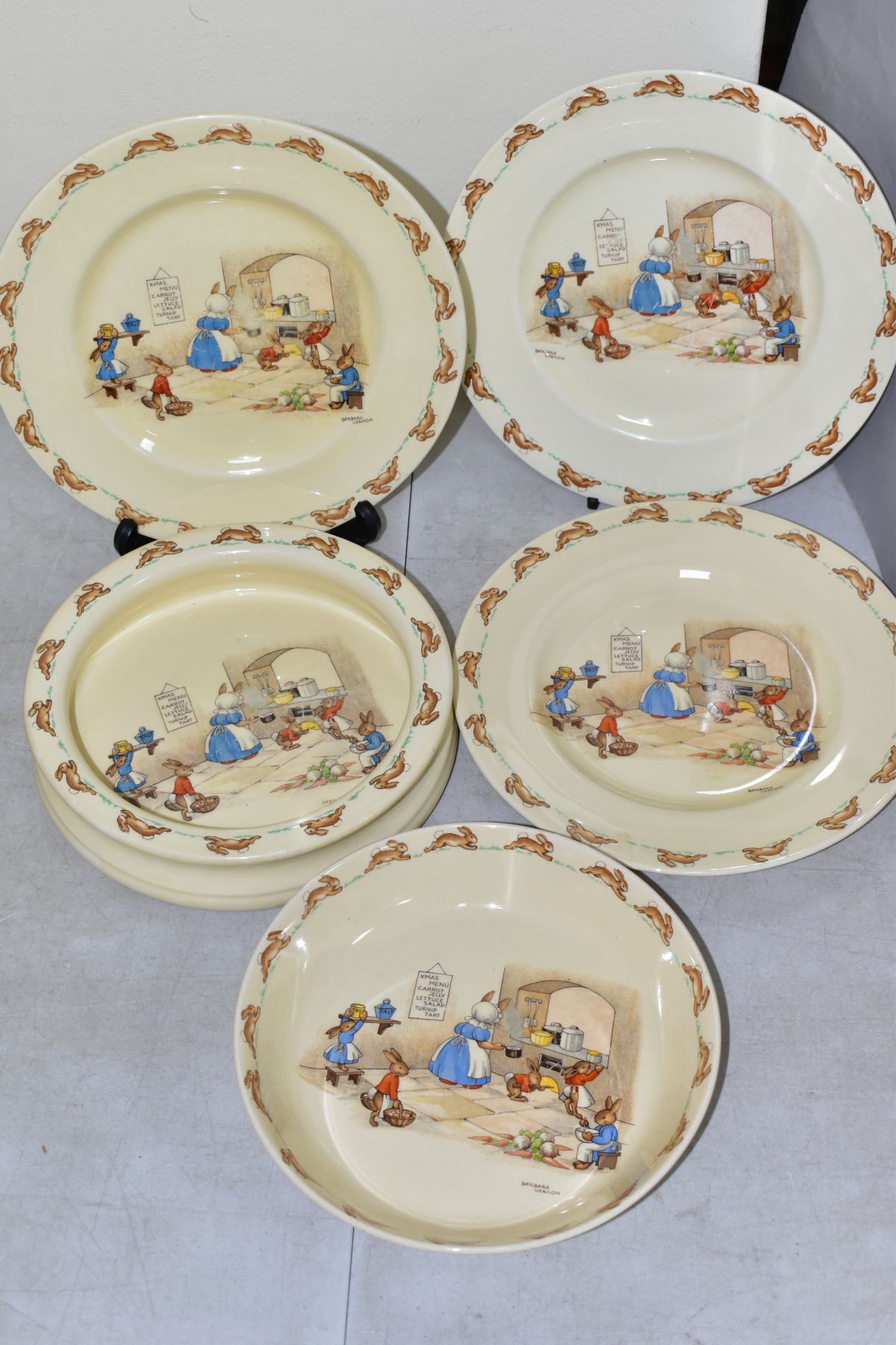 FIVE PIECES ROYAL DOULTON BUNNYKINS EARTHENWARE TABLEWARES OF XMAS MENU SCENE LF8 designed by