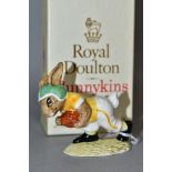 A ROYAL DOULTON TOUCHDOWN BUNNYKINS DB99, sixth variation (Notre Dame College), green and yellow, in