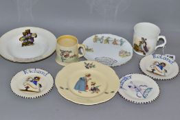 EIGHT PIECES OF ASSORTED VINTAGE NURSERY CERAMICS, comprising three Poole pottery plates painted