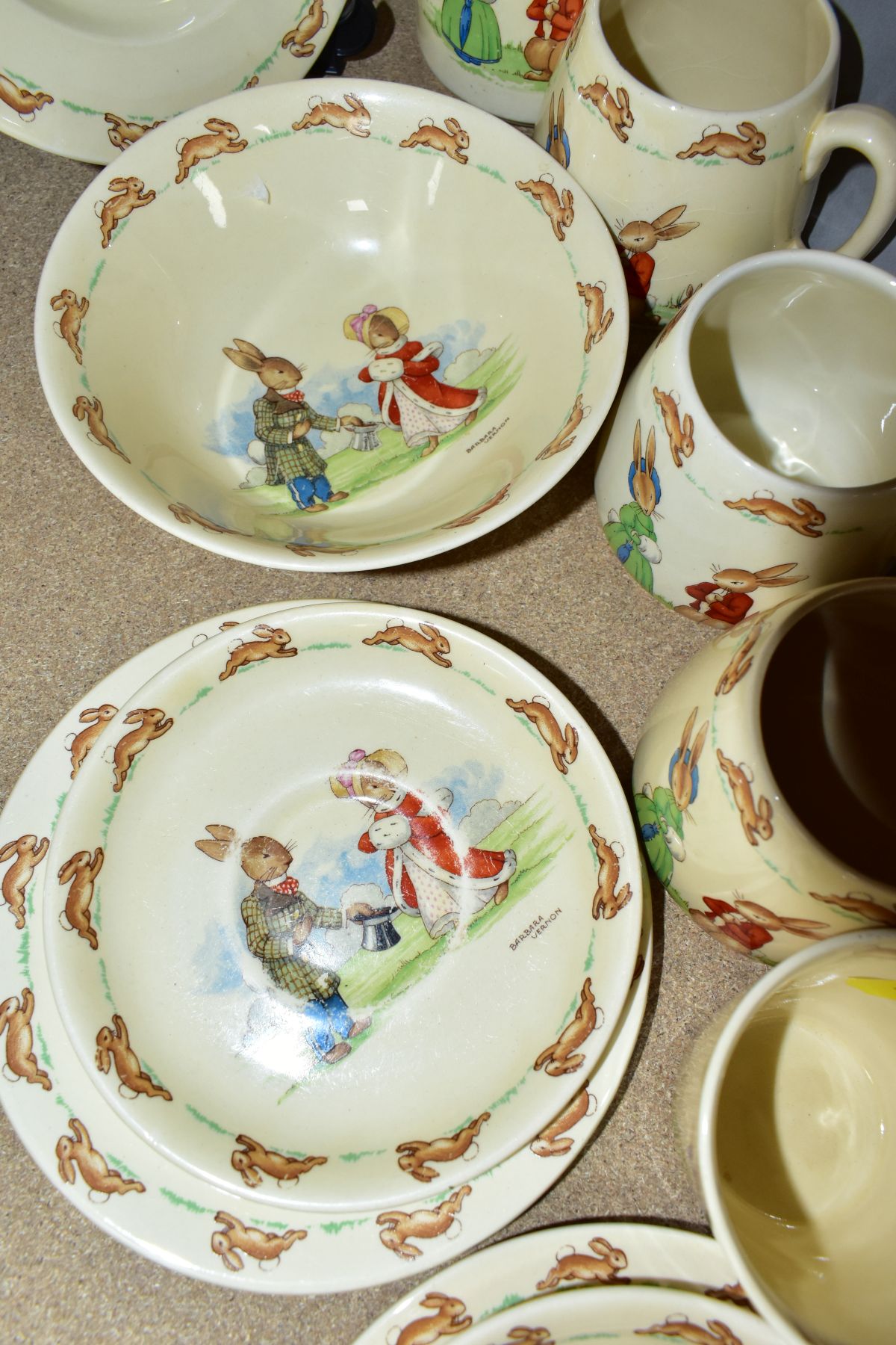 TWELVE PIECES OF ROYAL DOULTON BUNNYKINS EARTHENWARE TABLEWARES OF SCENES BY BARBARA VERNON, - Image 5 of 12