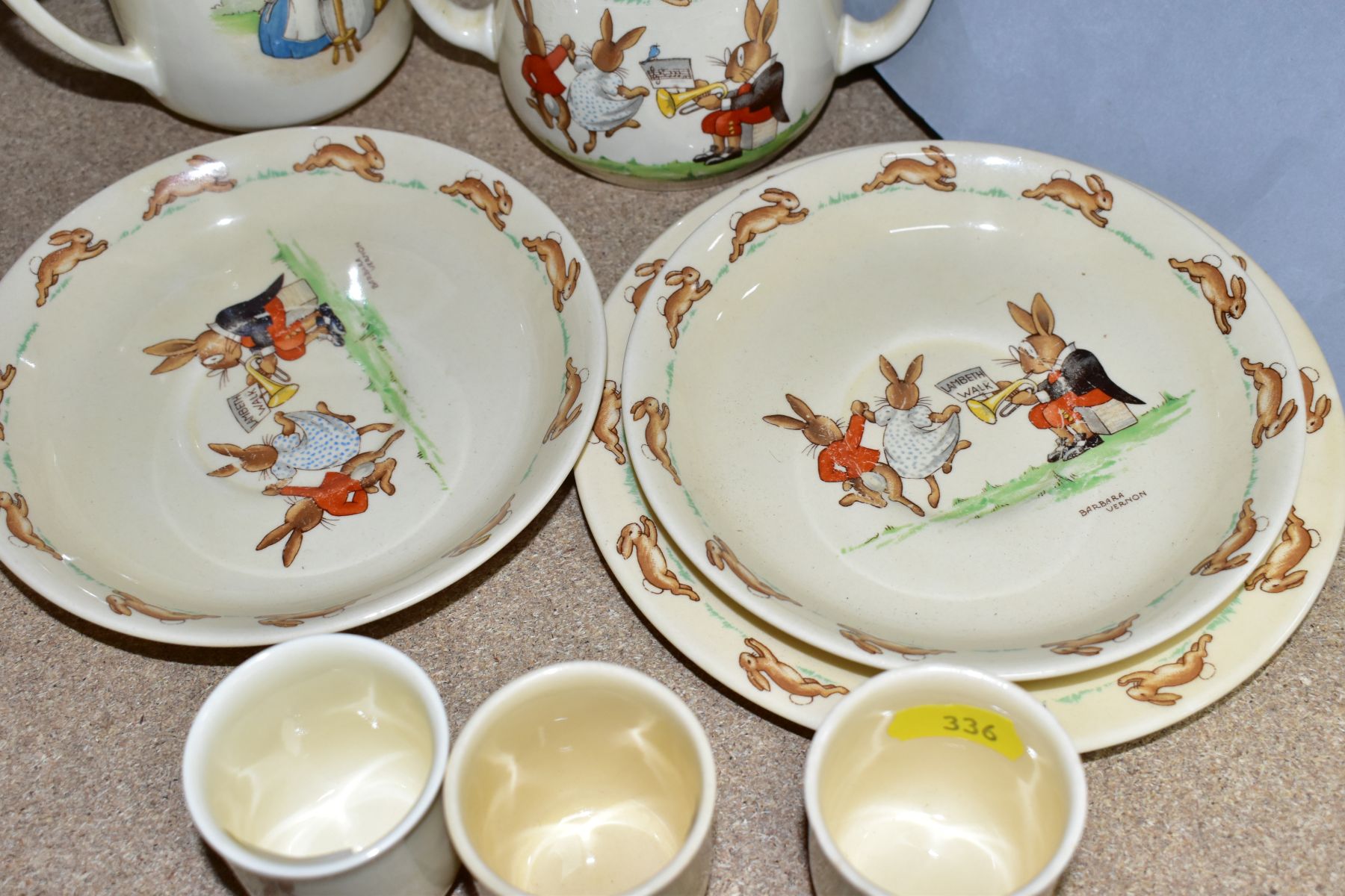 TWELVE PIECES OF ROYAL DOULTON BUNNYKINS EARTHENWARE TABLEWARES OF SCENES BY BARBARA VERNON, - Image 8 of 14