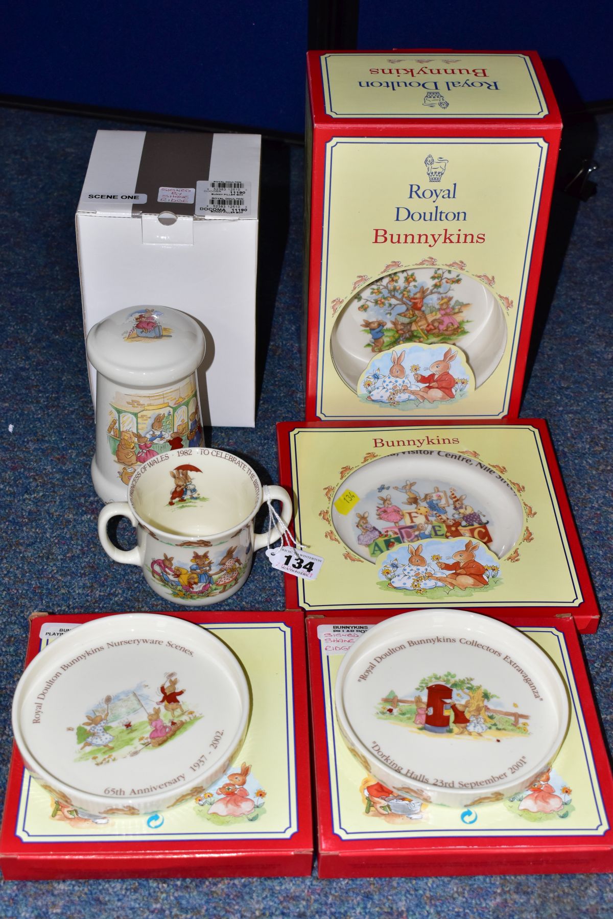 FIVE MODERN BOXED ROYAL DOULTON BUNNYKINS ITEMS AND AN UNBOXED HUG A MUG, comprising two limited