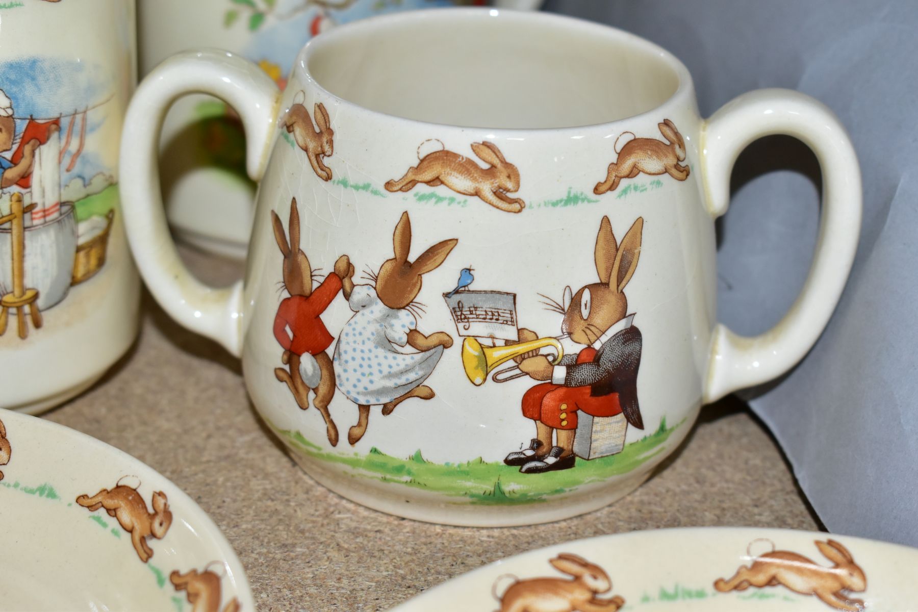 TWELVE PIECES OF ROYAL DOULTON BUNNYKINS EARTHENWARE TABLEWARES OF SCENES BY BARBARA VERNON, - Image 9 of 14