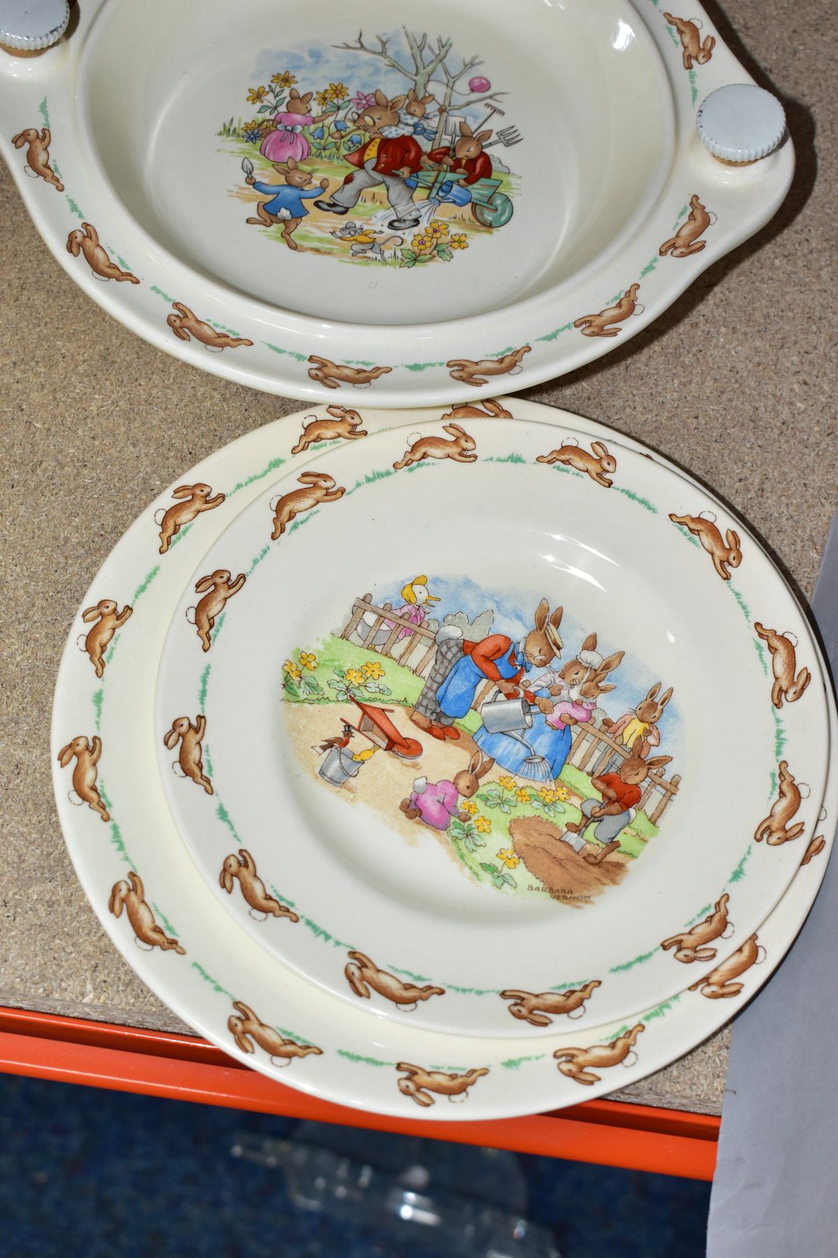 FIVE PIECES OF ROYAL DOULTON BUNNYKINS EARTHENWARE TABLEWARE, designed by Walter Hayward after - Image 2 of 10