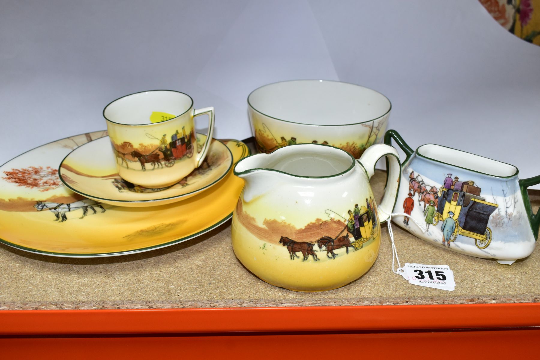 SIX ROYAL DOULTON SERIES WARE ITEMS, Coaching scenes, comprising jug, height 8cm D2416, a bread