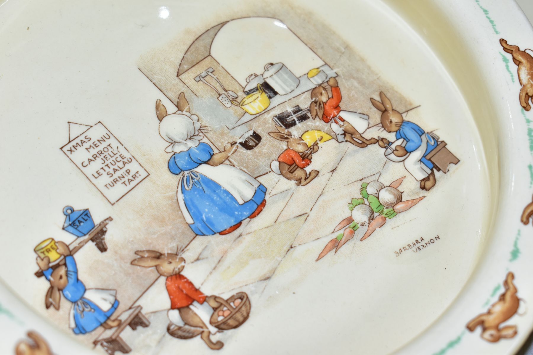 FIVE PIECES ROYAL DOULTON BUNNYKINS EARTHENWARE TABLEWARES OF XMAS MENU SCENE LF8 designed by - Image 6 of 9