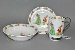 THREE PIECES ROYAL DOULTON FINE WHITE CHINA PROPOSAL SCENES HW11 BY BARBARA VERNON, comprising a