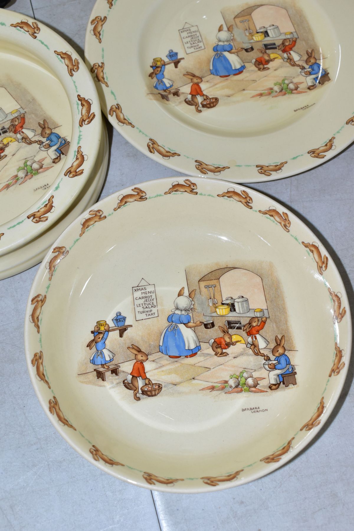 FIVE PIECES ROYAL DOULTON BUNNYKINS EARTHENWARE TABLEWARES OF XMAS MENU SCENE LF8 designed by - Image 5 of 9