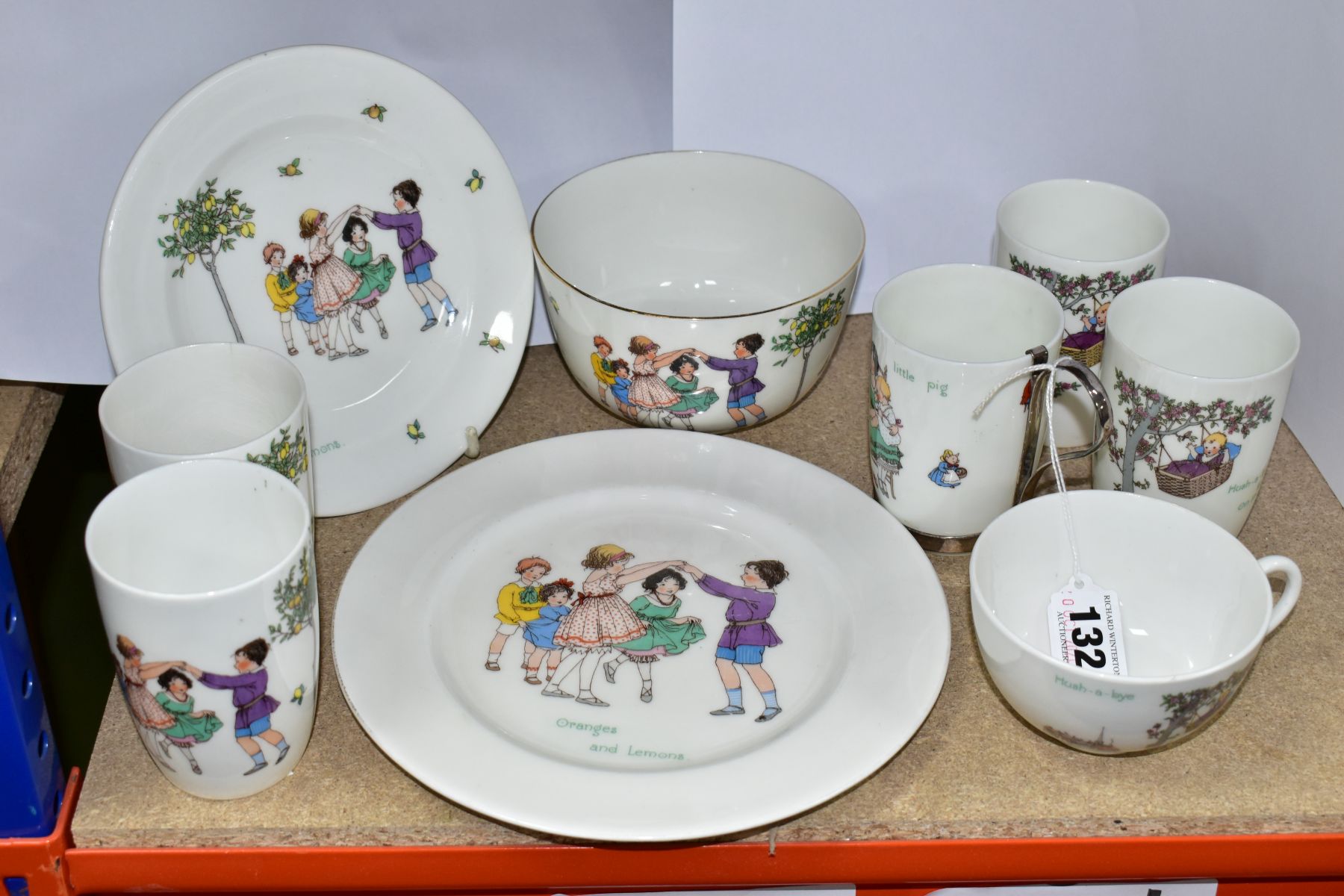 NINE PIECES OF ROYAL DOULTON CHINA NURSERY RHYMES L SERIES WARE, PRINTED WITH DESIGNS IN THE STYLE