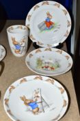 FOUR PIECES OF ROYAL DOULTON BUNNYKINS WHITE BONE CHINA DESIGNED BY BARBARA VERNON, comprising a