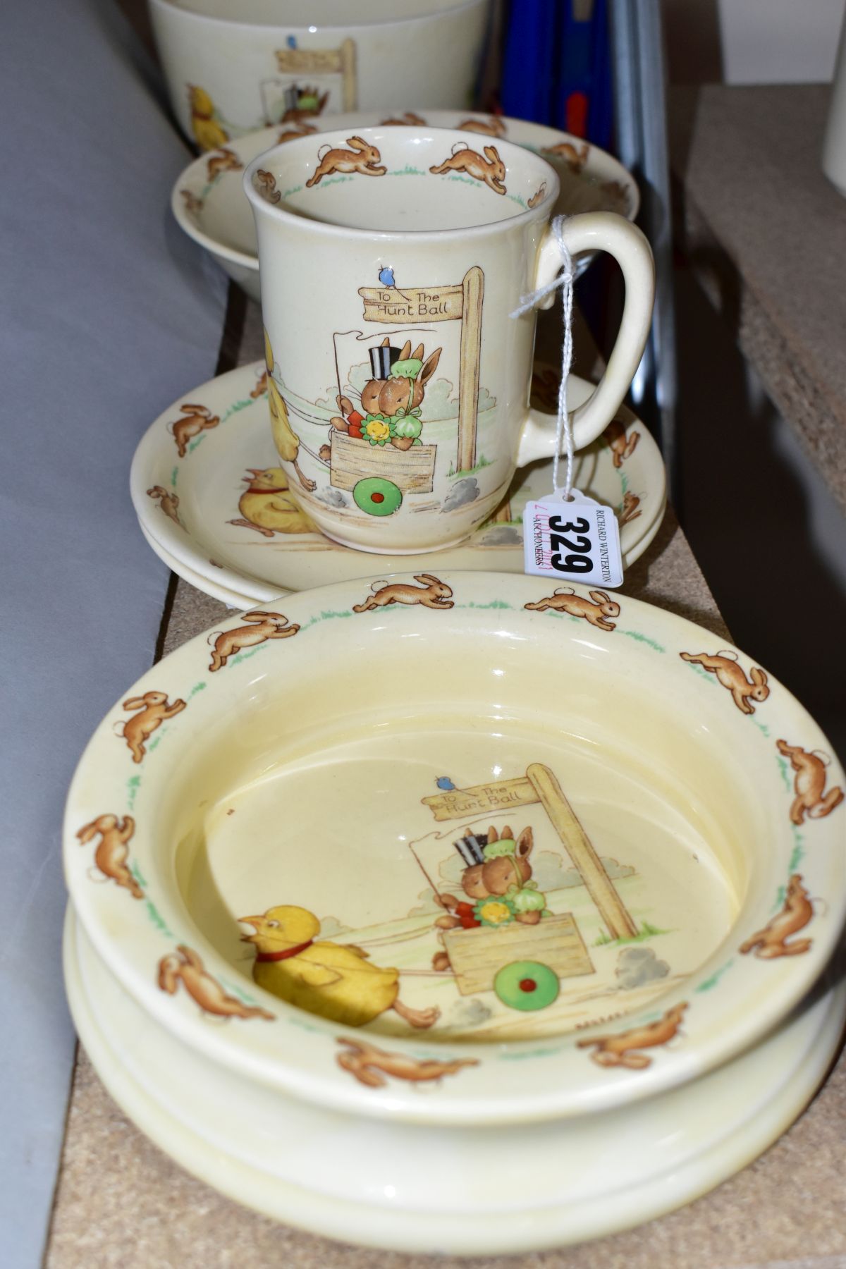 SIX PIECES OF ROYAL DOULTON BUNNYKINS EARTHENWARE TABLES WARES OF CHICKEN PULLING CART, DESIGNED - Image 2 of 10