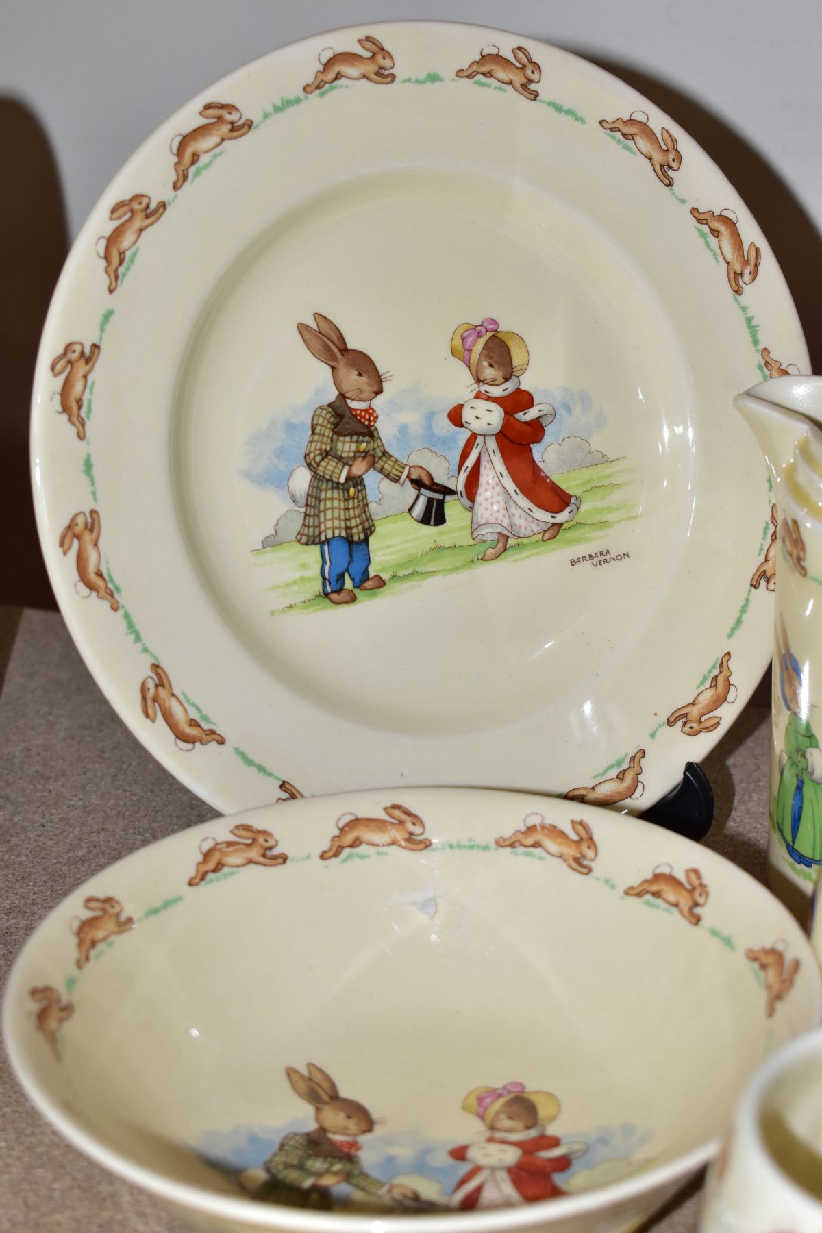 TWELVE PIECES OF ROYAL DOULTON BUNNYKINS EARTHENWARE TABLEWARES OF SCENES BY BARBARA VERNON, - Image 4 of 12