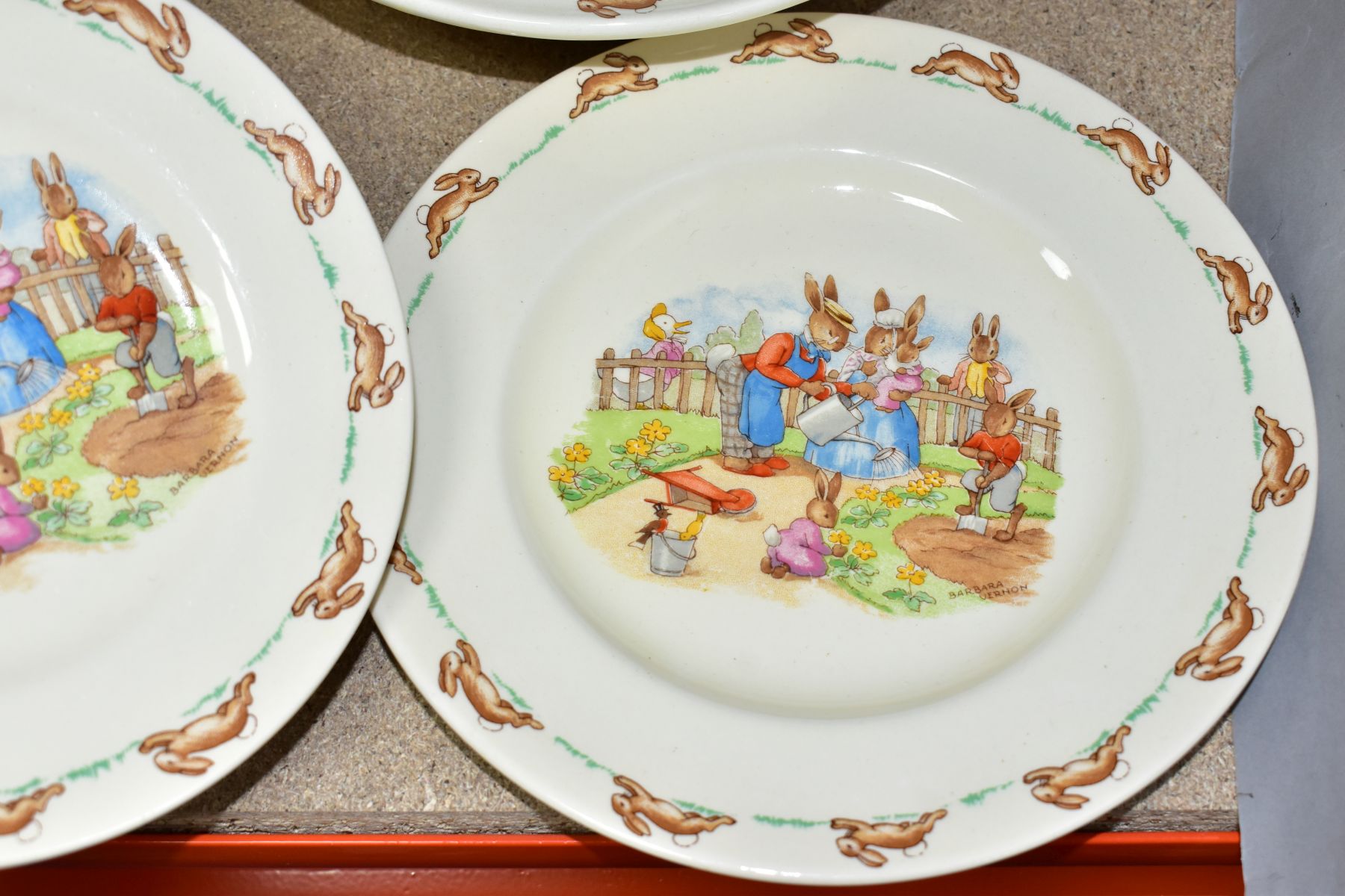 FIVE PIECES OF ROYAL DOULTON BUNNYKINS EARTHENWARE TABLEWARE, designed by Walter Hayward after - Image 3 of 10