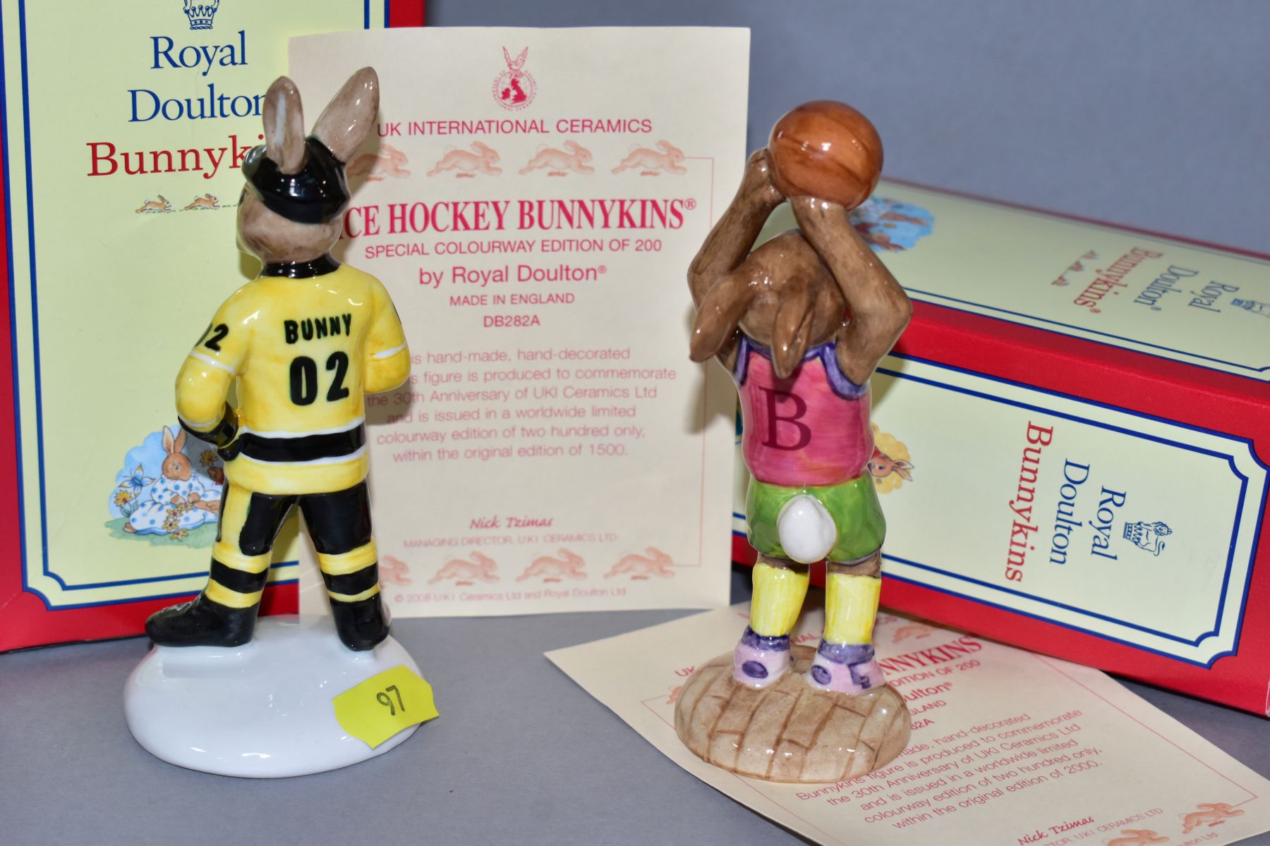 TWO BOXED ROYAL DOULTON SPECIAL COLOURWAY EDITIONS BUNNYKIN FIGURES, comprising Basketball DB262A no - Image 2 of 3