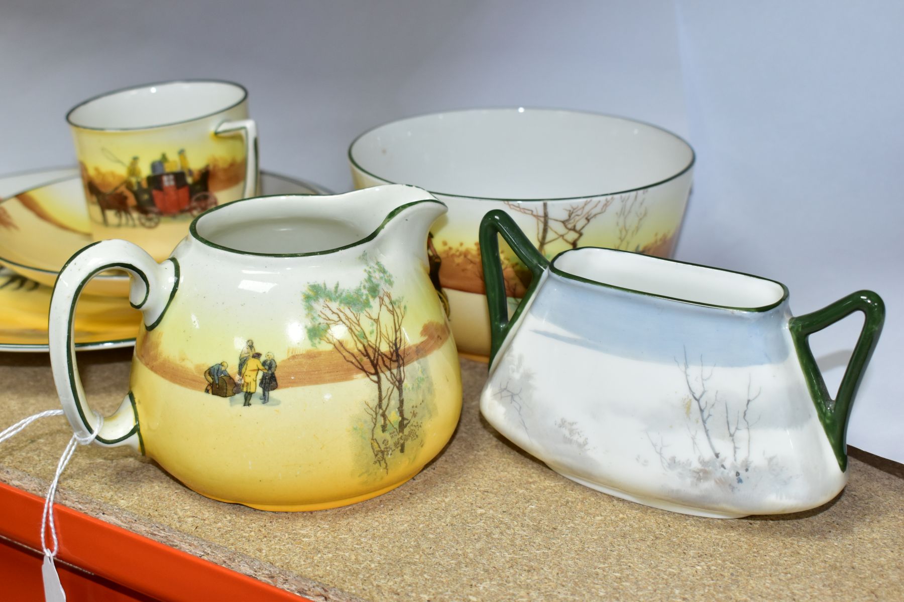 SIX ROYAL DOULTON SERIES WARE ITEMS, Coaching scenes, comprising jug, height 8cm D2416, a bread - Image 4 of 10