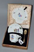 A CASED ROYAL DOULTON CHINA NURSERY RHYMES L SERIES WARE TRIO AND HALLMARKED SILVER TEASPOON, the