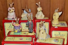 SEVEN BOXED ROYAL DOULTON BUNNYKINS FIGURES, Bride DB101, Groom DB102, New Baby DB158, Mother and