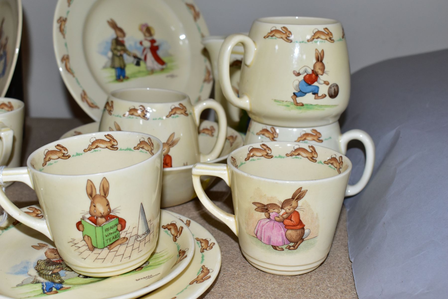 TWELVE PIECES OF ROYAL DOULTON BUNNYKINS EARTHENWARE TABLEWARES OF SCENES BY BARBARA VERNON, - Image 11 of 12