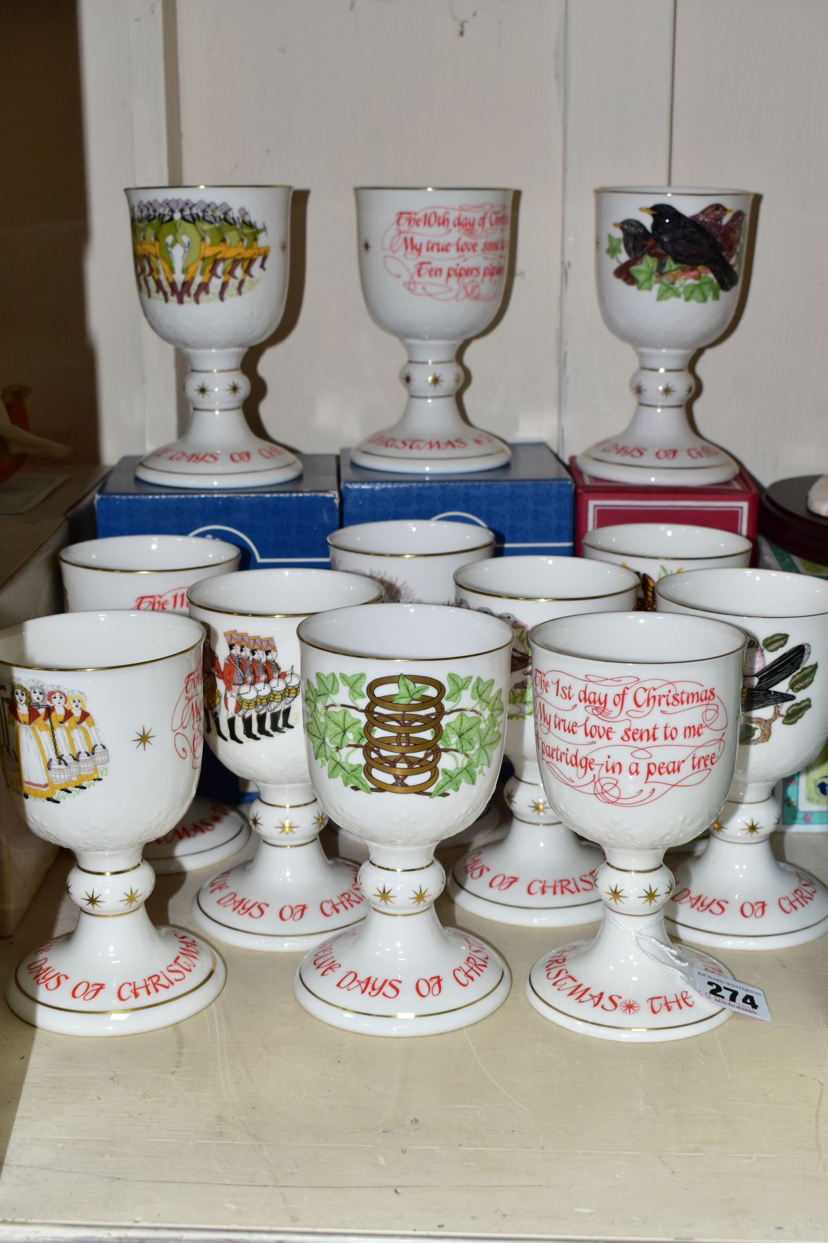 A SET OF TWELVE LIMITED EDITION ROYAL DOULTON GOBLETS, The Twelve Days of Christmas, limited to 10,