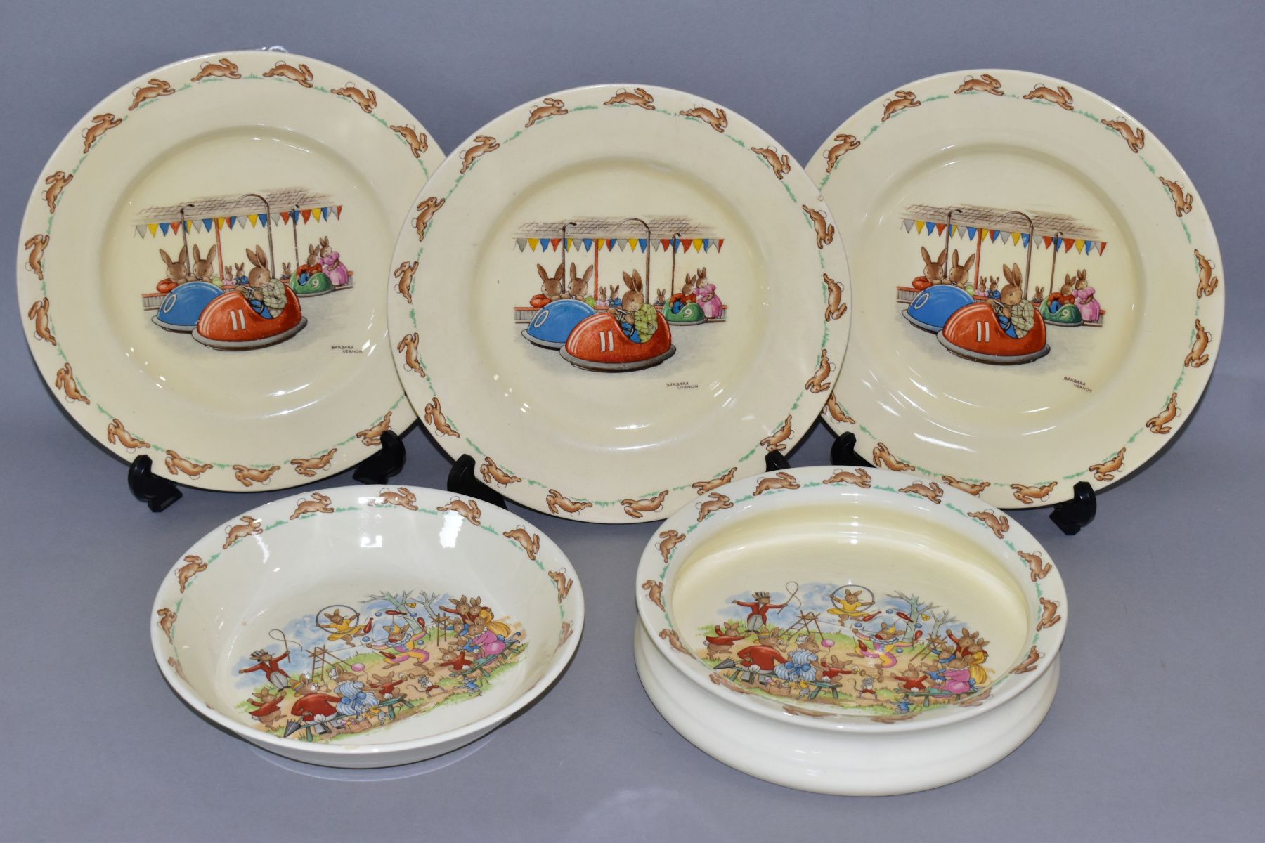 FIVE PIECES ROYAL DOULTON BUNNYKINS EARTHENWARE TABLEWARES DESIGNS BY BARBARA VERNON AND WALTER