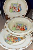 FOUR PIECES OF ROYAL DOULTON BUNNYKINS EARTHENWARE TABLEWARE DESIGNED BY BARBARA VERNON AND WALTER