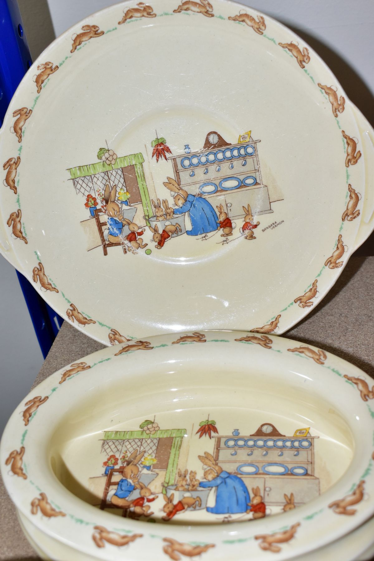SIX PIECES OF ROYAL DOULTON BUNNYKINS EARTHENWARE TABLEWARES OF SCENES BY BARBARA VERNON AND - Image 5 of 13