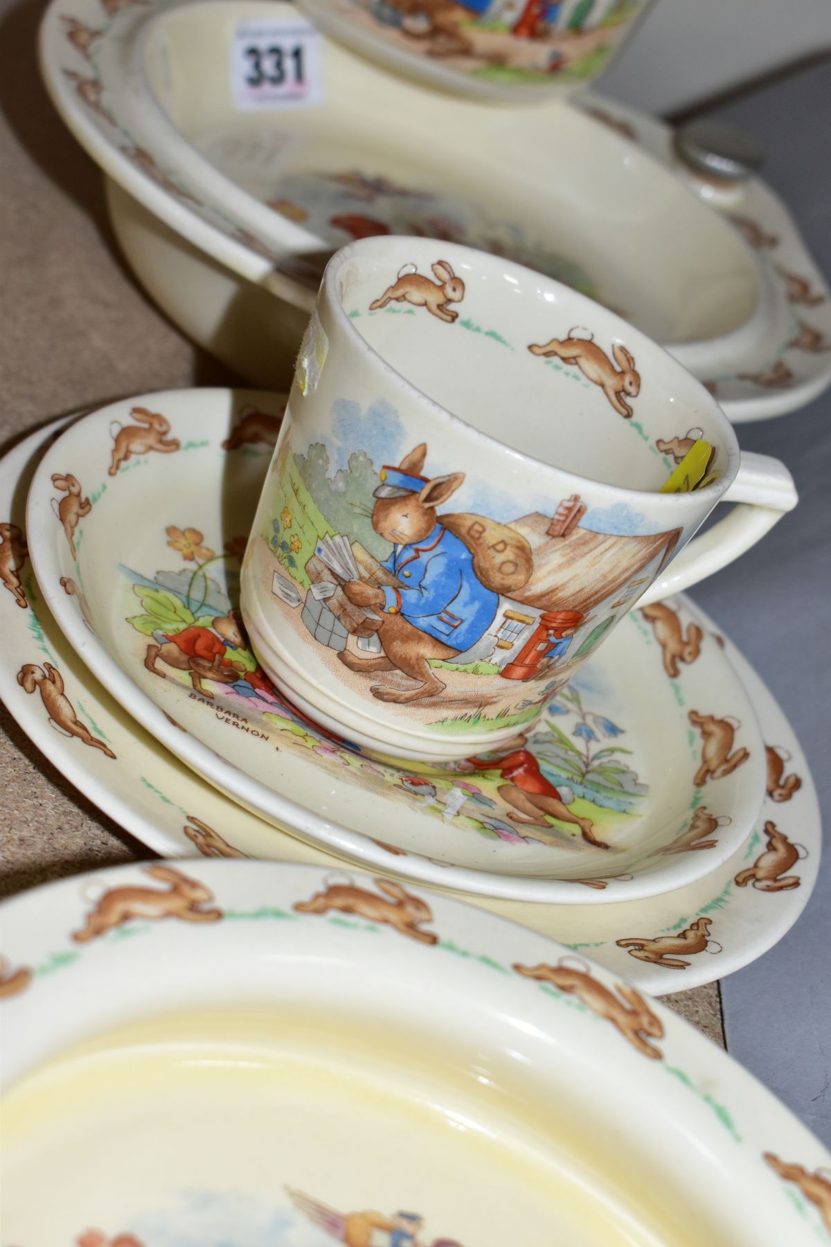 SIX PIECES OF ROYAL DOULTON BUNNYKINS EARTHENWARE TABLEWARES OF SCENES BY WALTER HAYWARD AFTER - Image 3 of 10