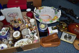 A BOX AND LOOSE CERAMICS, GLASS, MISCELLANEOUS etc, to include leather 'Rugby Polo Boot' ball, a