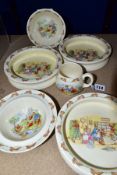 SIX PIECES OF ROYAL DOULTON BUNNYKINS EARTHENWARE TABLEWARE DESIGNED BY BARBARA VERNON AND WALTER