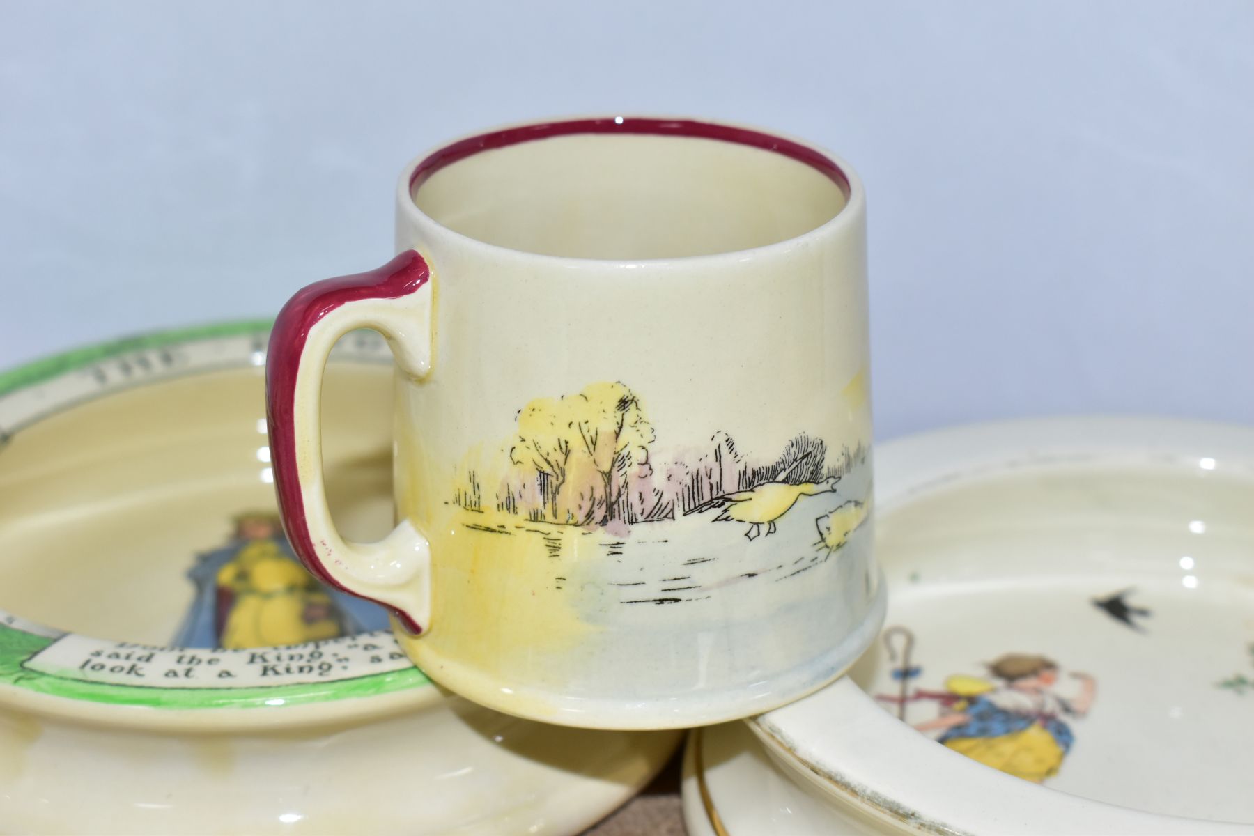 A GROUP OF ROYAL DOULTON NURSERY WARES, comprising three baby plates Nursery Rhyme B 'Little Bo - Image 3 of 11