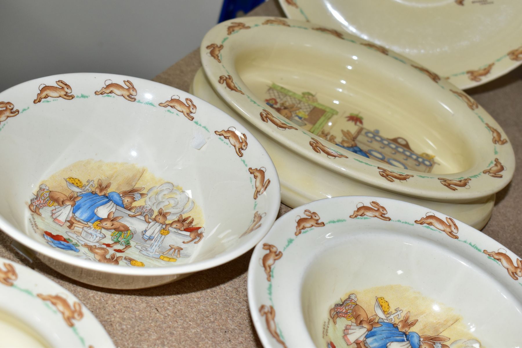 SIX PIECES OF ROYAL DOULTON BUNNYKINS EARTHENWARE TABLEWARES OF SCENES BY BARBARA VERNON AND - Image 7 of 13