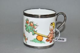 SHELLEY MABEL LUCIE ATTWELL DRINKING MUG, with Roden sterling silver handle and bands to rims, Roden