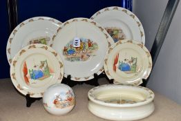 SEVEN PIECES OF ROYAL DOULTON BUNNYKINS EARTHENWARE TABLEWARE WITH DESIGNS BY BARBARA VERNON, WALTER