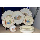 SEVEN PIECES OF ROYAL DOULTON BUNNYKINS EARTHENWARE TABLEWARE WITH DESIGNS BY BARBARA VERNON, WALTER