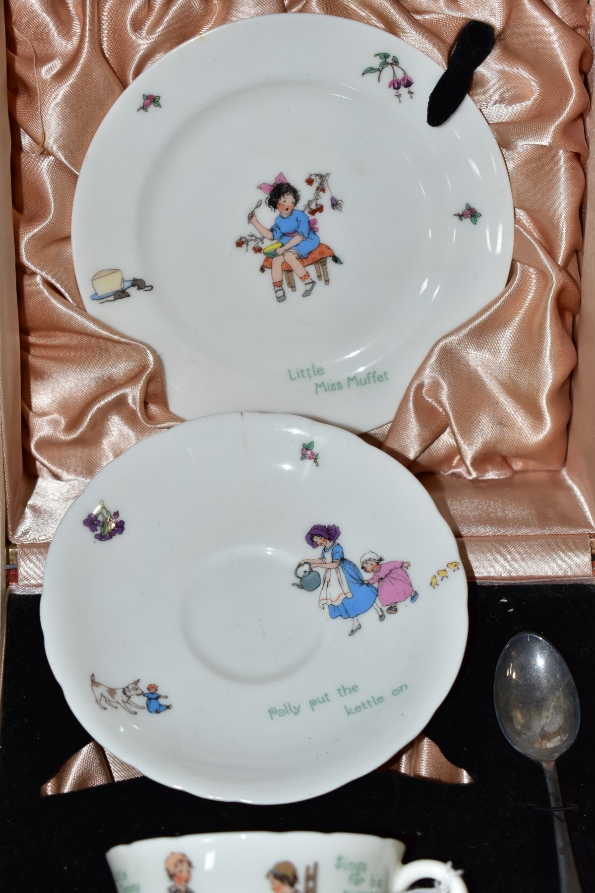 A CASED ROYAL DOULTON CHINA NURSERY RHYMES L SERIES WARE TRIO AND SILVER PLATED TEASPOON, the - Image 2 of 6