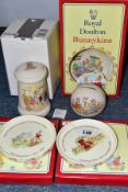 FOUR MODERN BOXED ROYAL DOULTON BUNNYKINS ITEMS AND AN UNBOXED MONEY BALL, comprising two limited