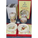 FOUR MODERN BOXED ROYAL DOULTON BUNNYKINS ITEMS AND AN UNBOXED MONEY BALL, comprising two limited