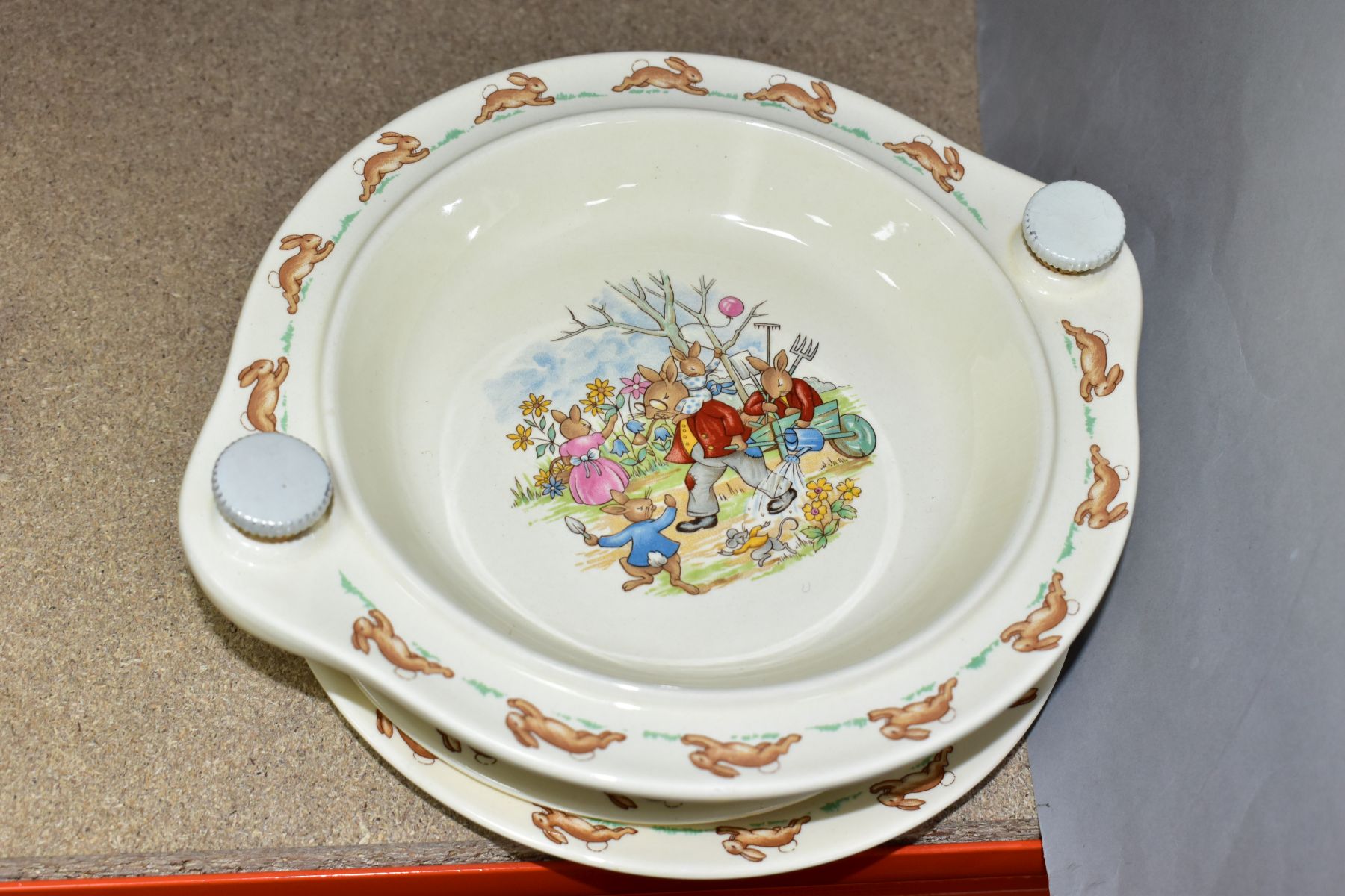 FIVE PIECES OF ROYAL DOULTON BUNNYKINS EARTHENWARE TABLEWARE, designed by Walter Hayward after - Image 4 of 10