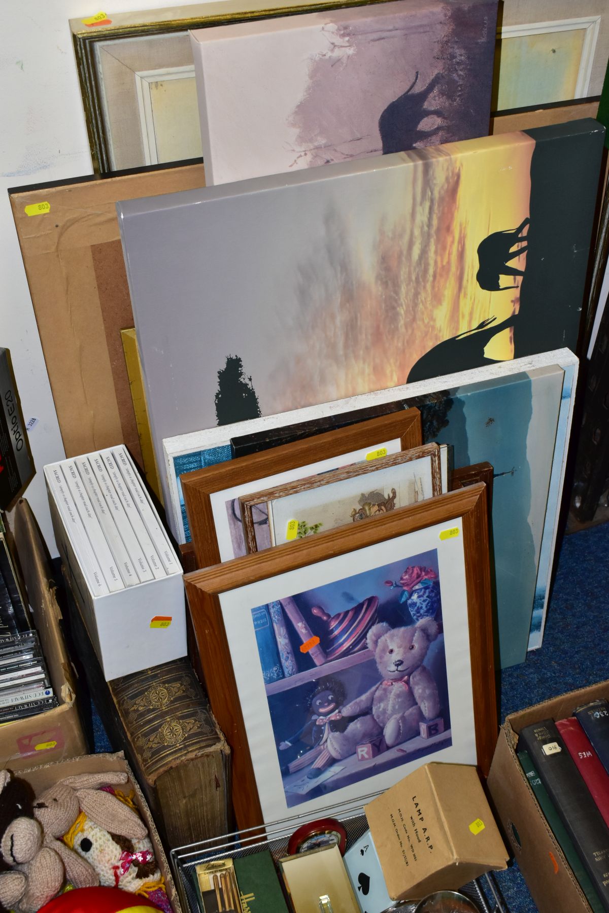 FIVE BOXES AND LOOSE PICTURES AND PRINTS, TOYS, BOOKS, RECORDS, ETC, including cookery books, - Image 2 of 8