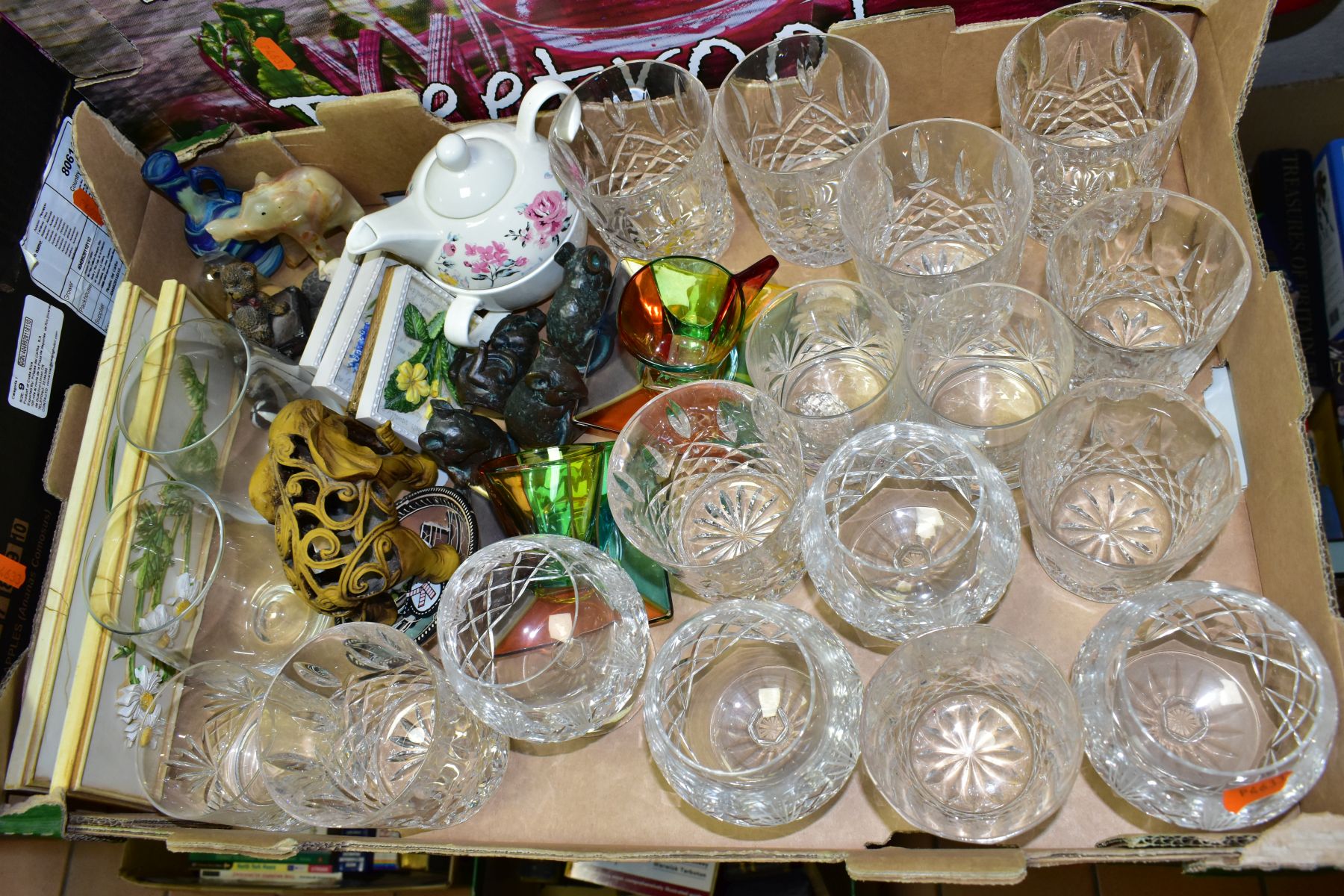 FOUR BOXES OF CERAMICS AND GLASSWARE, containing a selection of crystal glassware, coloured glass, - Image 2 of 5