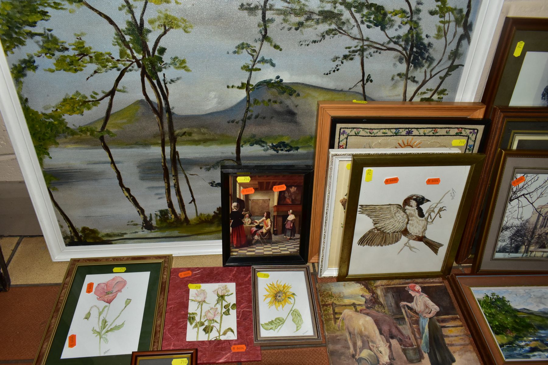 A GROUP OF PAINTINGS AND PRINTS, ETC, including modern watercolours of flowers and birds, two Rene - Image 4 of 4