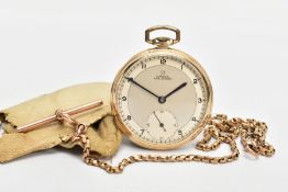 A GOLD-PLATED 'OMEGA' POCKET WATCH AND A 9CT GOLD ALBERT CHAIN, the pocket watch with a round gold
