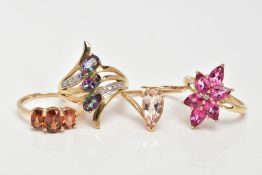 FOUR 9CT GOLD GEM SET DRESS RINGS, of various designs, set with gemstones to include morganite,
